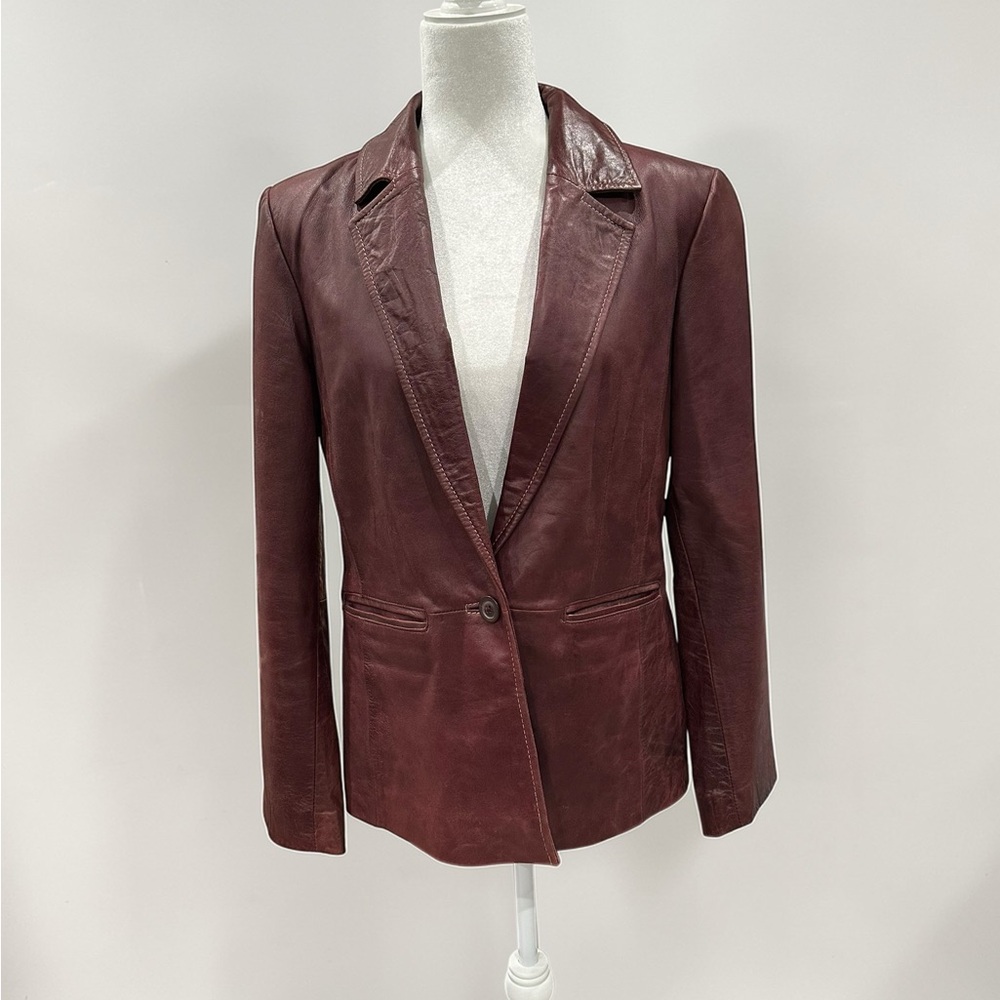 INC Leather Blazer Jacket Bordeaux Wine Color Size 12 Genuine Leather Classic